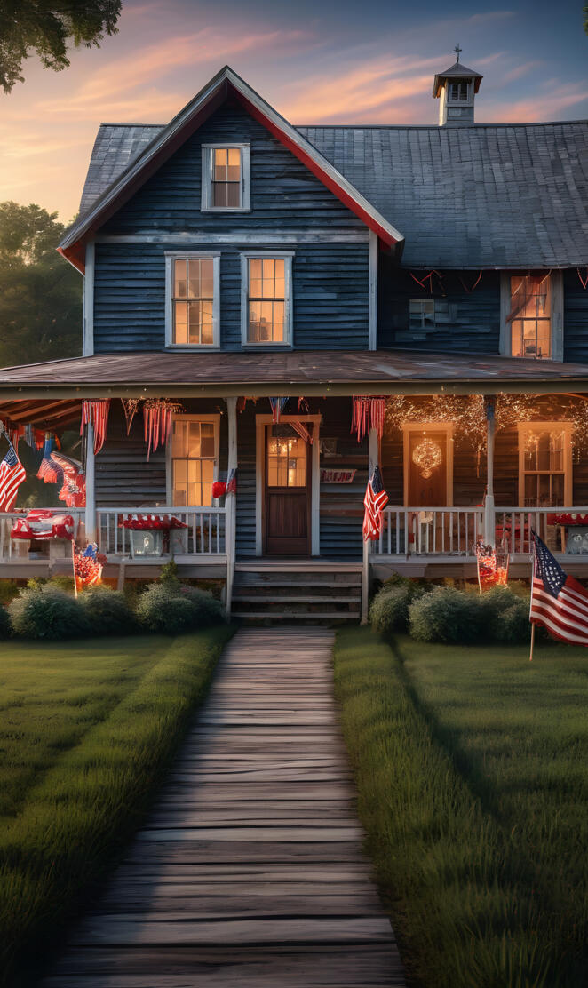 a house with flags on the porch