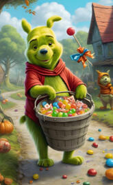 a person in a garment holding a basket of fruit