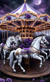 a group of horses in front of a carousel