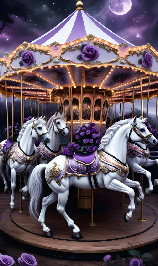 a group of horses in front of a carousel