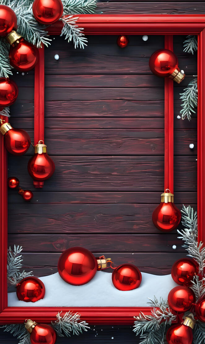 Christmas frame with bulbs and snow