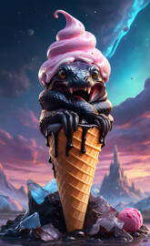 a dinosaur holding a cone