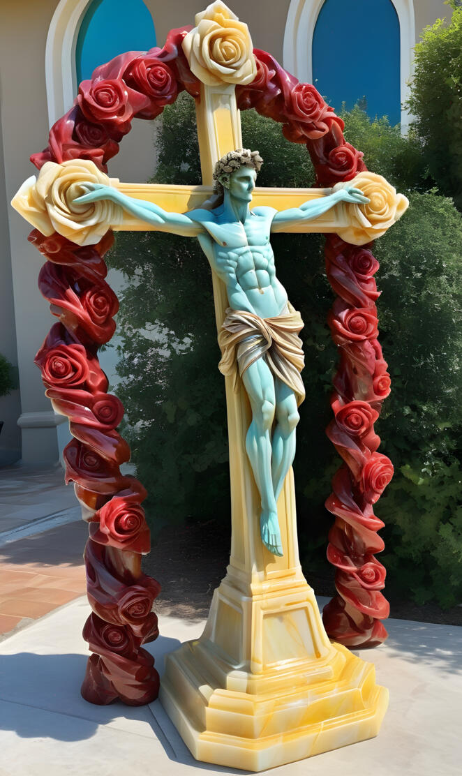 a statue of a person holding a cross