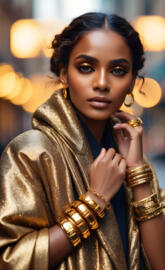 Brown Skinned Woman With Golden Eye shadow Wearing Gold Bracelets.