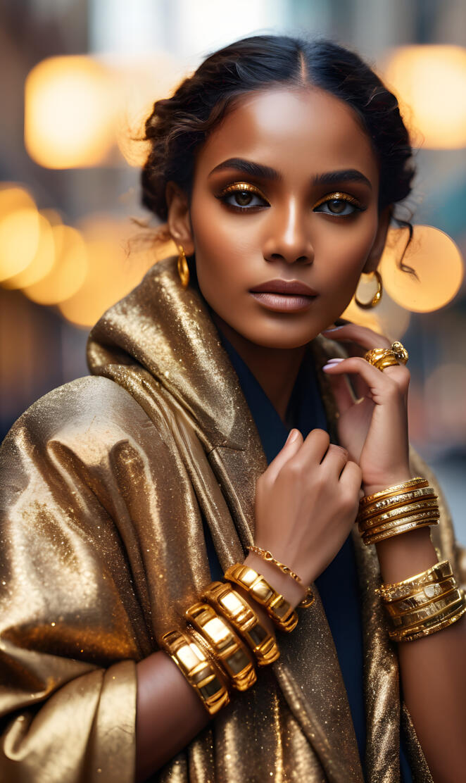 Brown Skinned Woman With Golden Eye shadow Wearing Gold Bracelets.