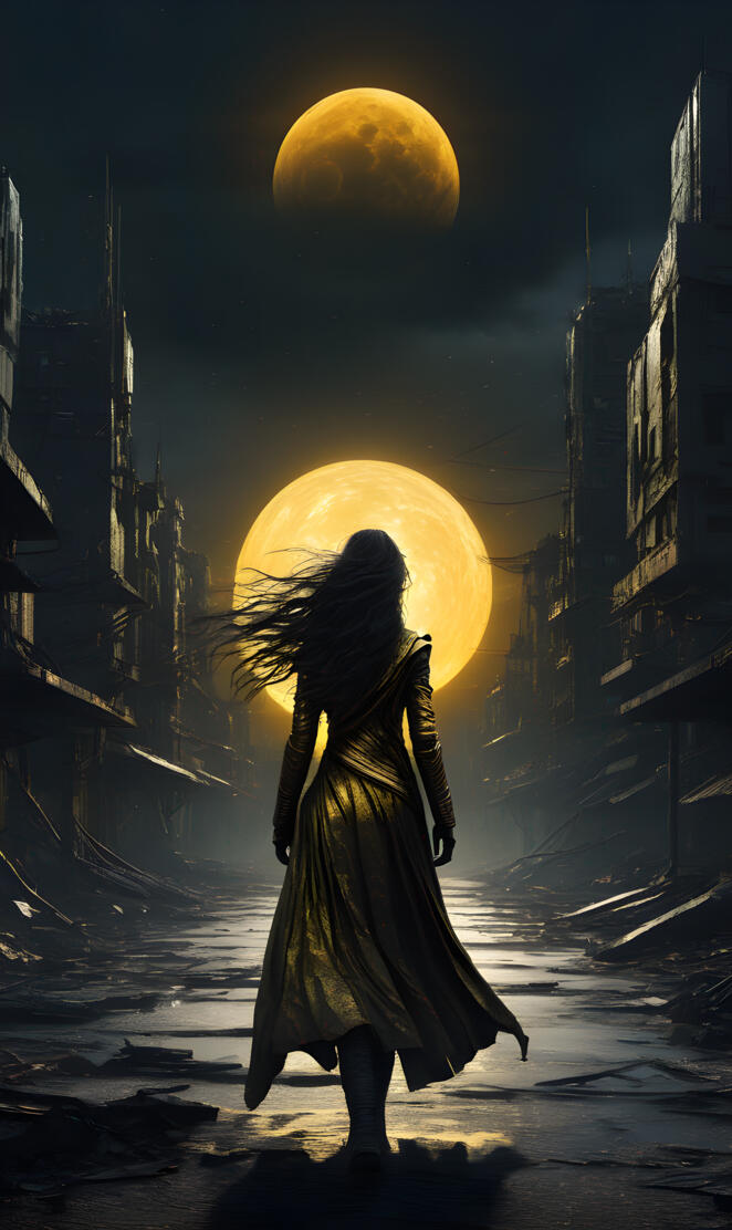 silhouette of a woman walking toward the moonlight