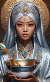 Beautiful Brown Skinned Woman With Asian Eyes wearing Silver Turbin