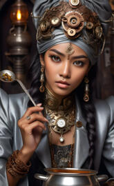 Beautiful Dark Skinned Asian Woman Wearing A Silver Turbin.