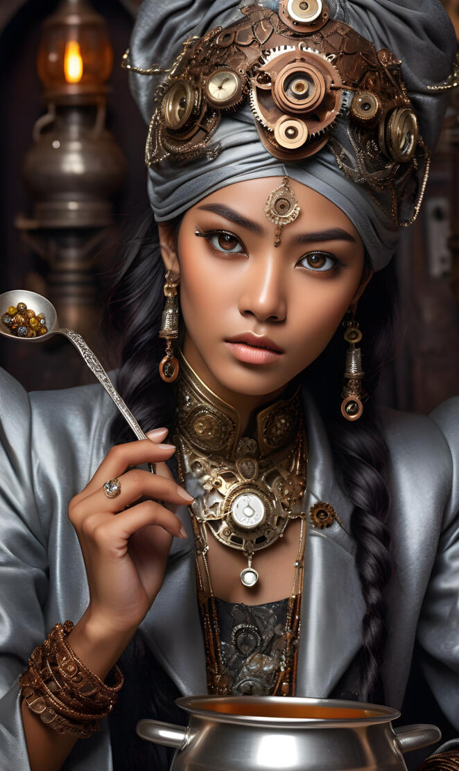 Beautiful Dark Skinned Asian Woman Wearing A Silver Turbin.