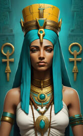 Beautiful Ancient Goddess with a crown of thorns wearing a teal gown.