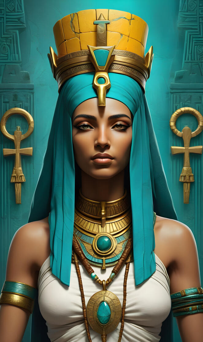 Beautiful Ancient Goddess with a crown of thorns wearing a teal gown.