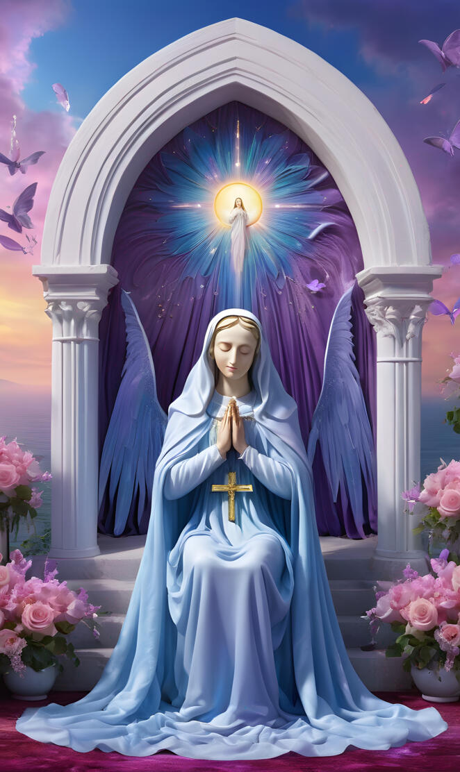 The Madonna, blessed Mother, praying by the sea of Galilee, synergy