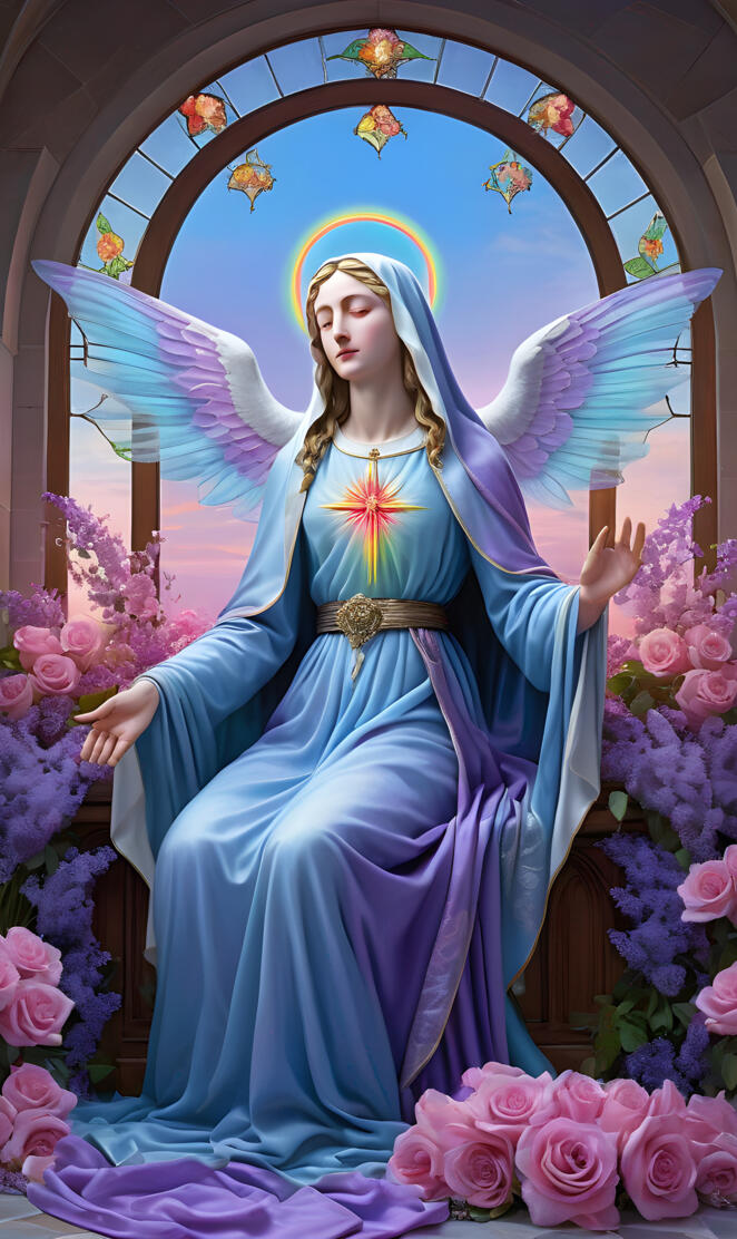 The Madonna, blessed Mother, praying by the sea of Galilee, synergy