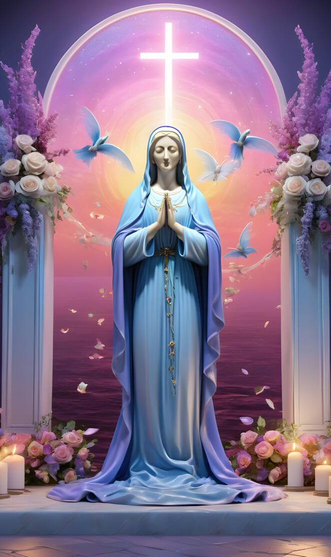 The Madonna, blessed Mother, praying by the sea of Galilee, synergy