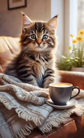 cute maincoon tabby kitten on sofa drinking mug of coffee in morning d