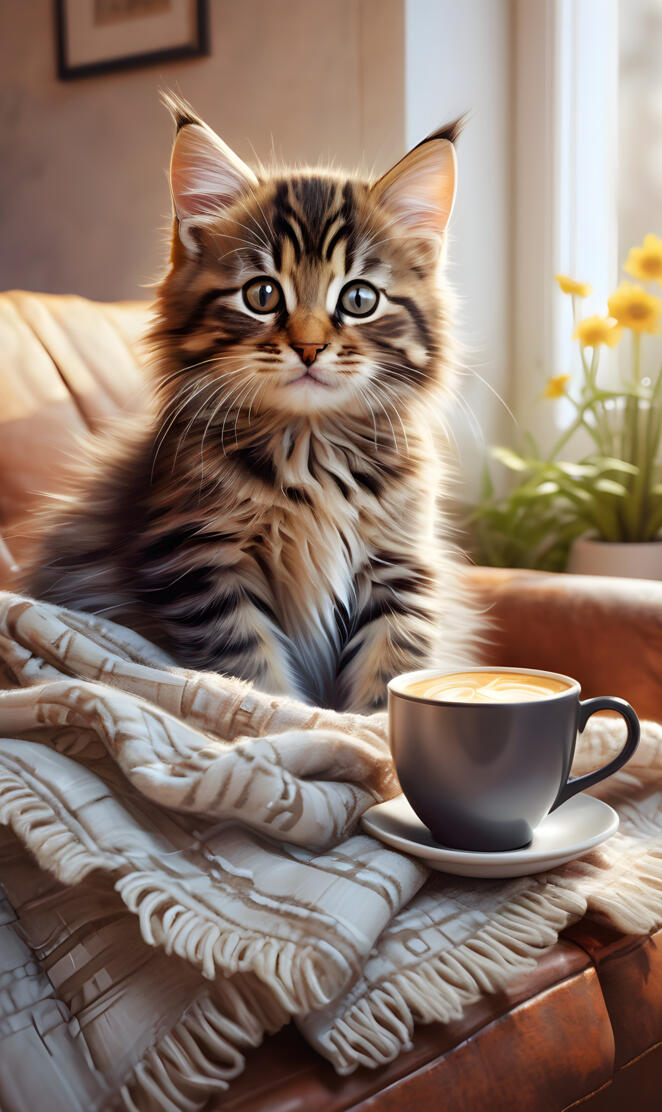 cute maincoon tabby kitten on sofa drinking mug of coffee in morning d