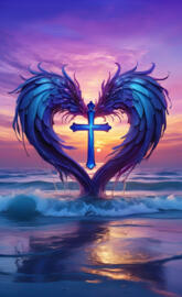 draping of the cross and angel's wings, sea of blue during sunset