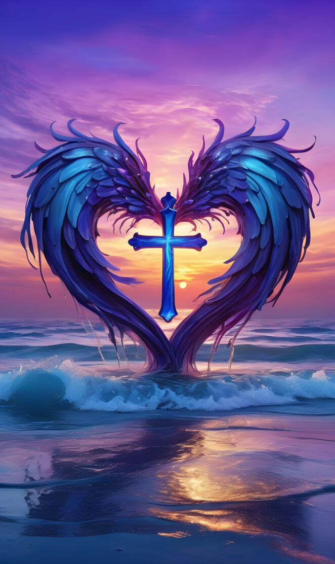 draping of the cross and angel's wings, sea of blue during sunset