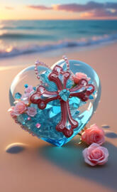 sunset and the sea, glass heart, roses and rosary