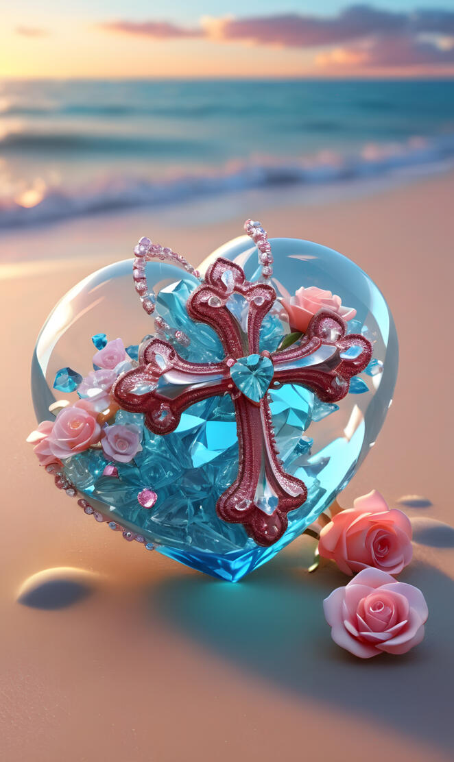 sunset and the sea, glass heart, roses and rosary