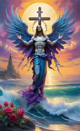 draping of the cross and angel's wings, sea of blue during sunrise