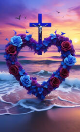 draping of the cross and angel's wings, sea of blue during sunset