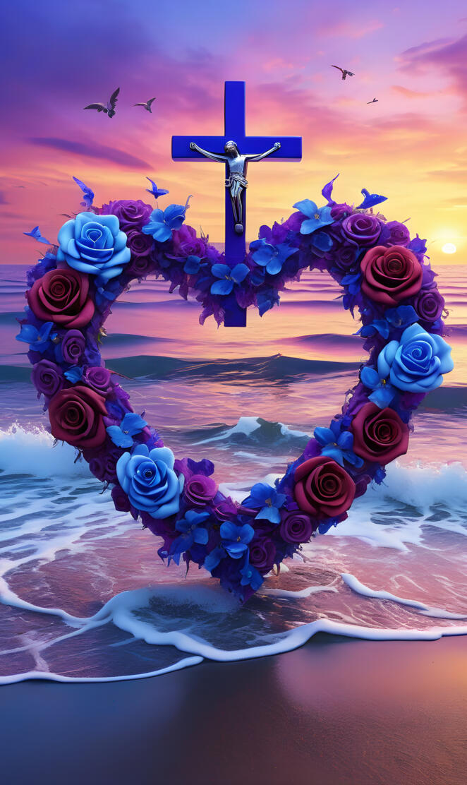 draping of the cross and angel's wings, sea of blue during sunset