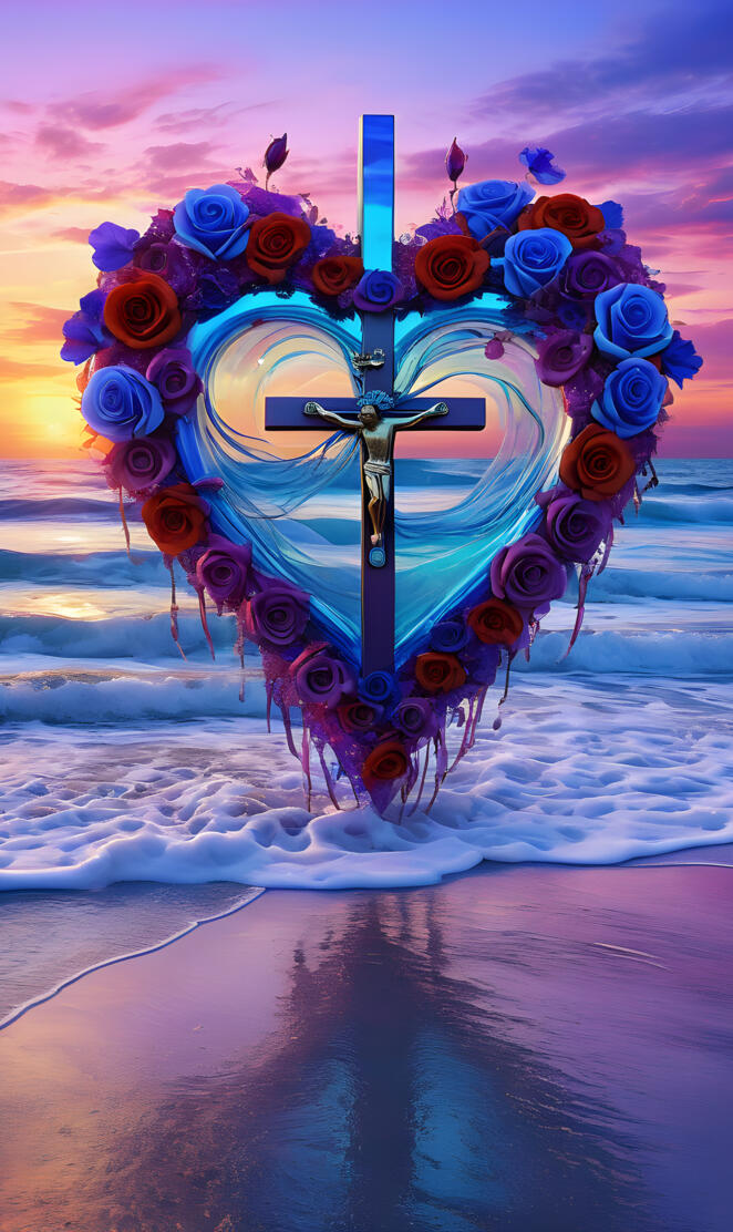 draping of the cross and angel's wings, sea of blue during sunset