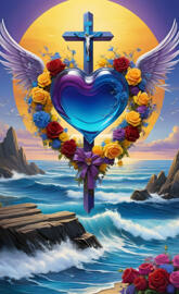 draping of the cross and angel's wings, sea of blue during sunrise