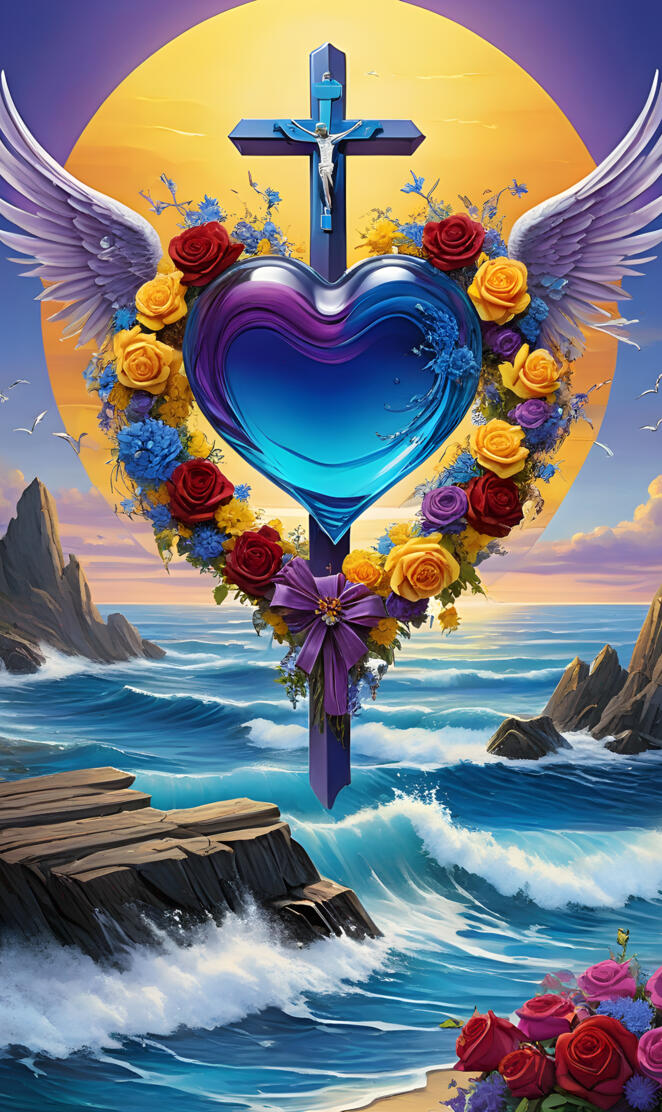 draping of the cross and angel's wings, sea of blue during sunrise