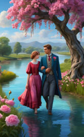 romantic, 1920s couple walking, in love