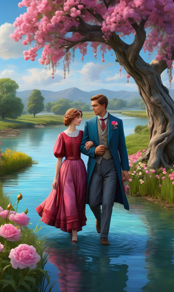 romantic, 1920s couple walking, in love