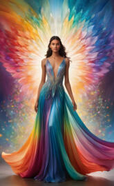 In a kaleidoscopic realm, a mesmerizing woman stands at the threshold