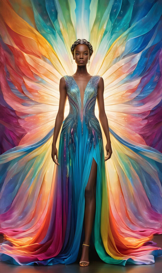 In a kaleidoscopic realm, a mesmerizing woman stands at the threshold