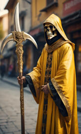 a person in a garment holding a staff and a shield