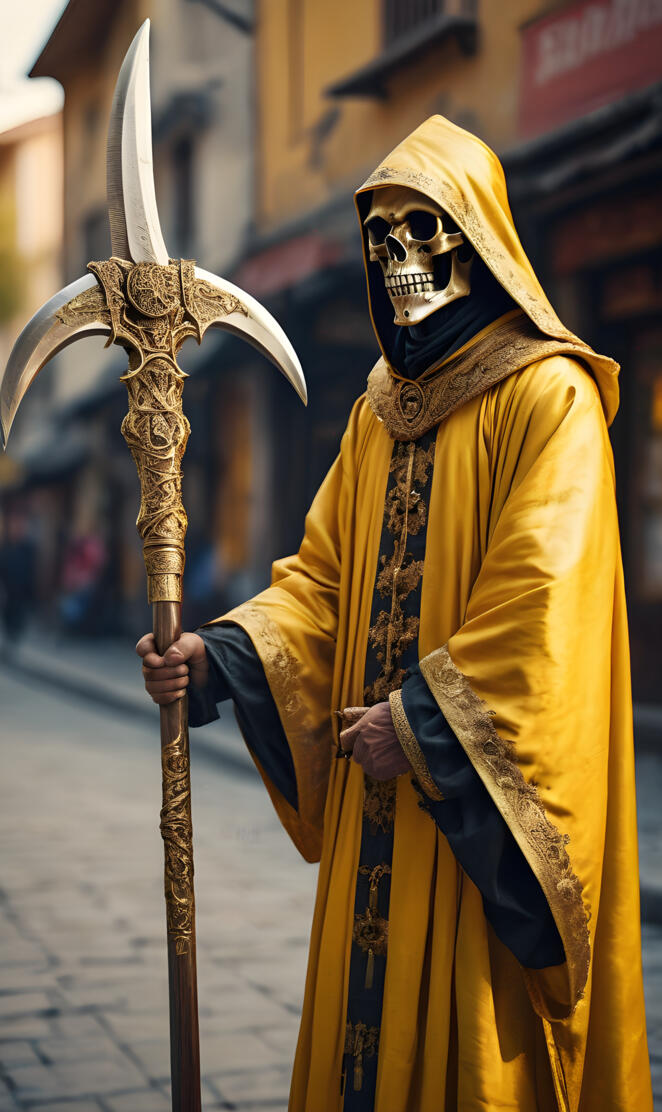 a person in a garment holding a staff and a shield