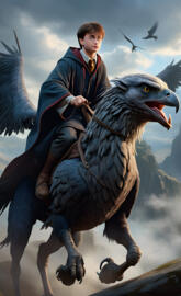 Harry Potter riding Buckbeak