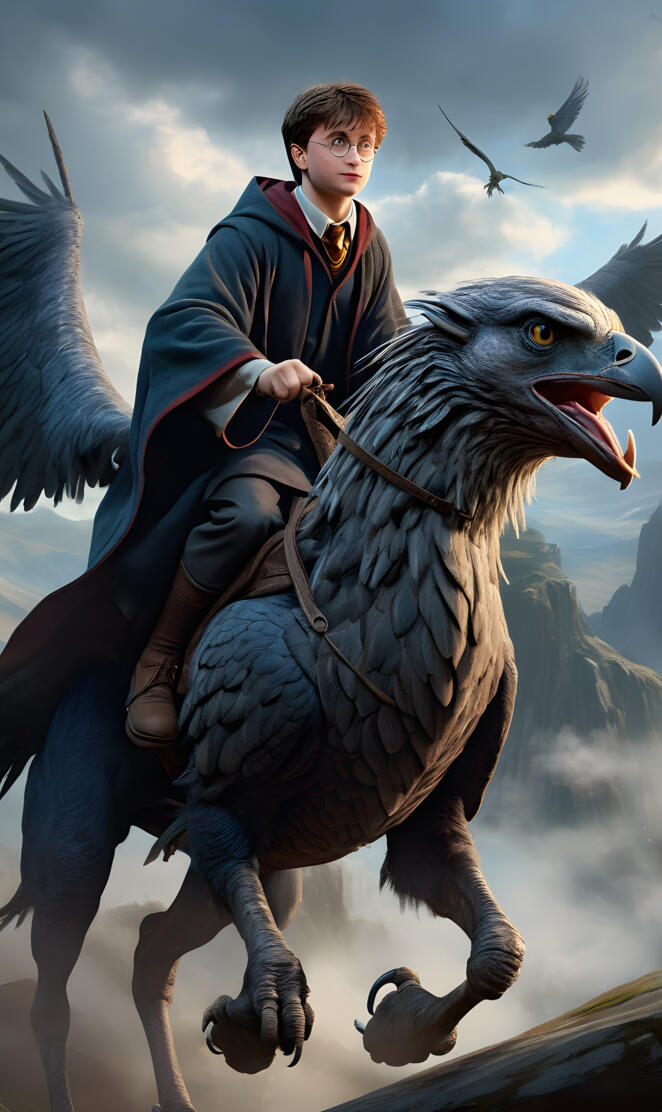 Harry Potter riding Buckbeak