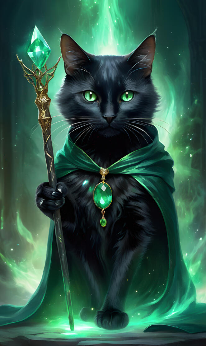 Black cat kitten green wizard gem