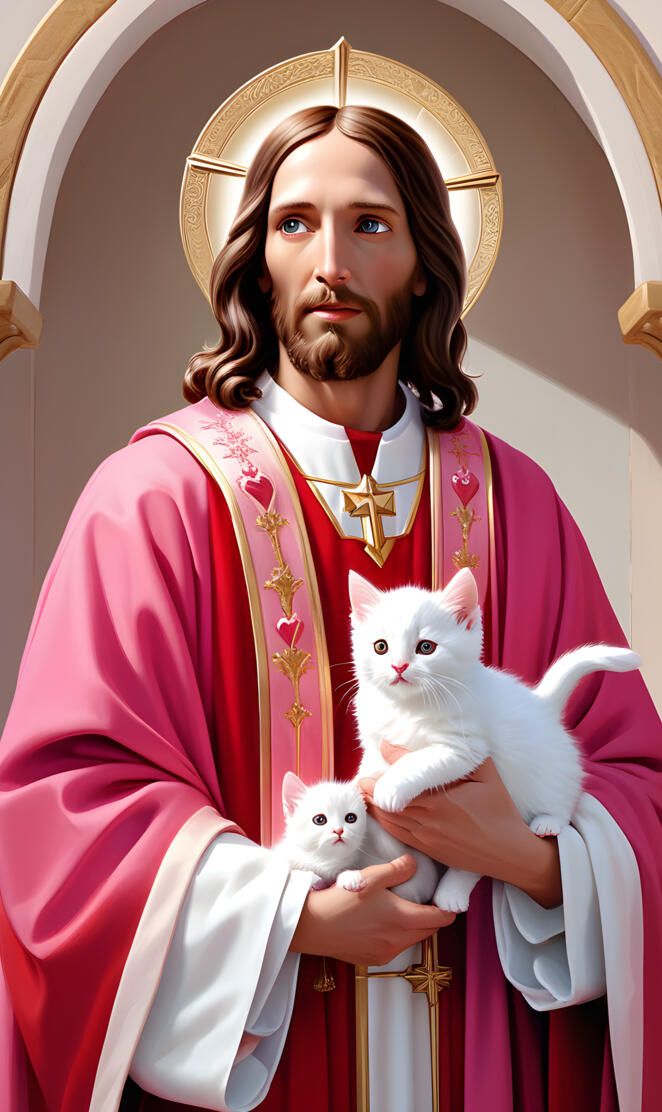 Jesus holding kittens