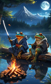 Warriors sharing stories by the light of a peaceful fire.