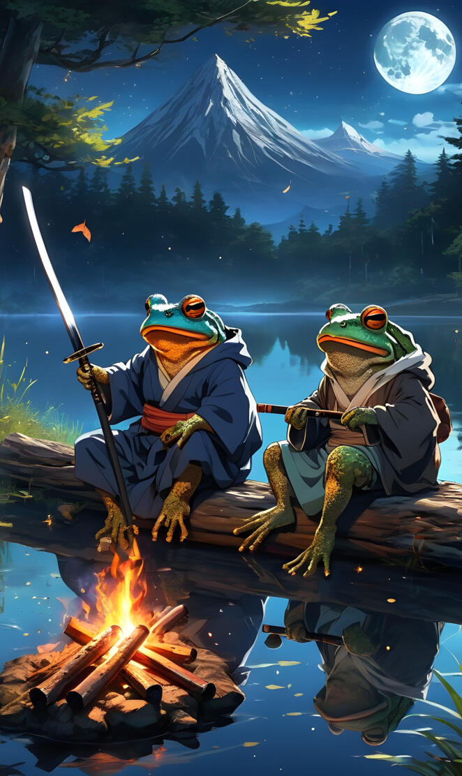 Warriors sharing stories by the light of a peaceful fire.