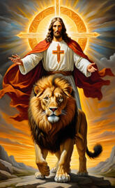 a person in a religious robe standing behind a lion