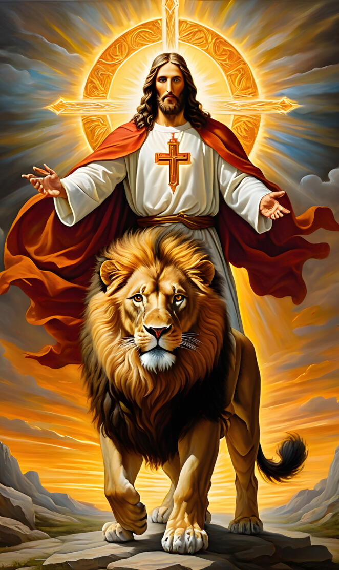 a person in a religious robe standing behind a lion