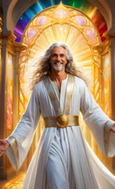 a woman wearing a white robe and a gold belt