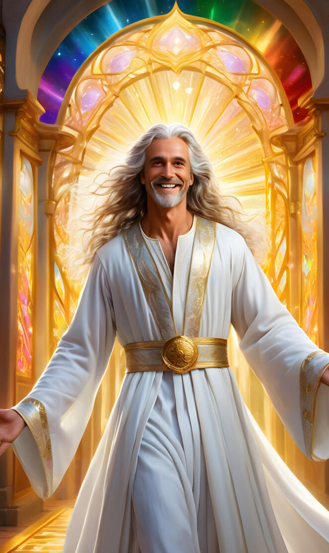 a woman wearing a white robe and a gold belt