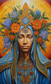 a woman with a blue headdress and a gold robe