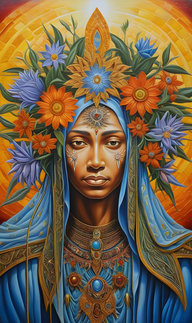 a woman with a blue headdress and a gold robe