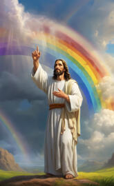 jesus in a robe with a rainbow in the background