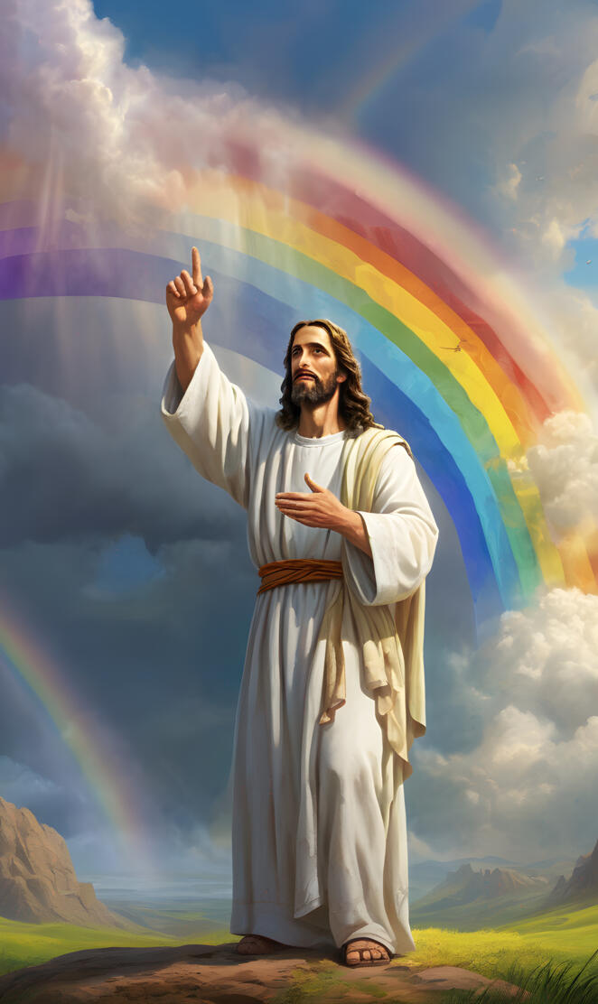jesus in a robe with a rainbow in the background